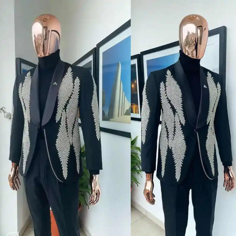 

Shiny Men's Suits 2 Pieces Blazer Single Breasted Beads Wedding Groom Tuxedos Business Prom Customized trajes para hombre
