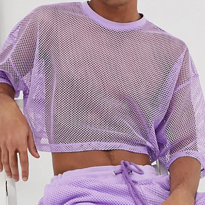 Mesh Short-sleeved T-shirt Shorts Slim-fitting Fashionable Men's Suit Summer Sexy Hollow Short Clothes Men