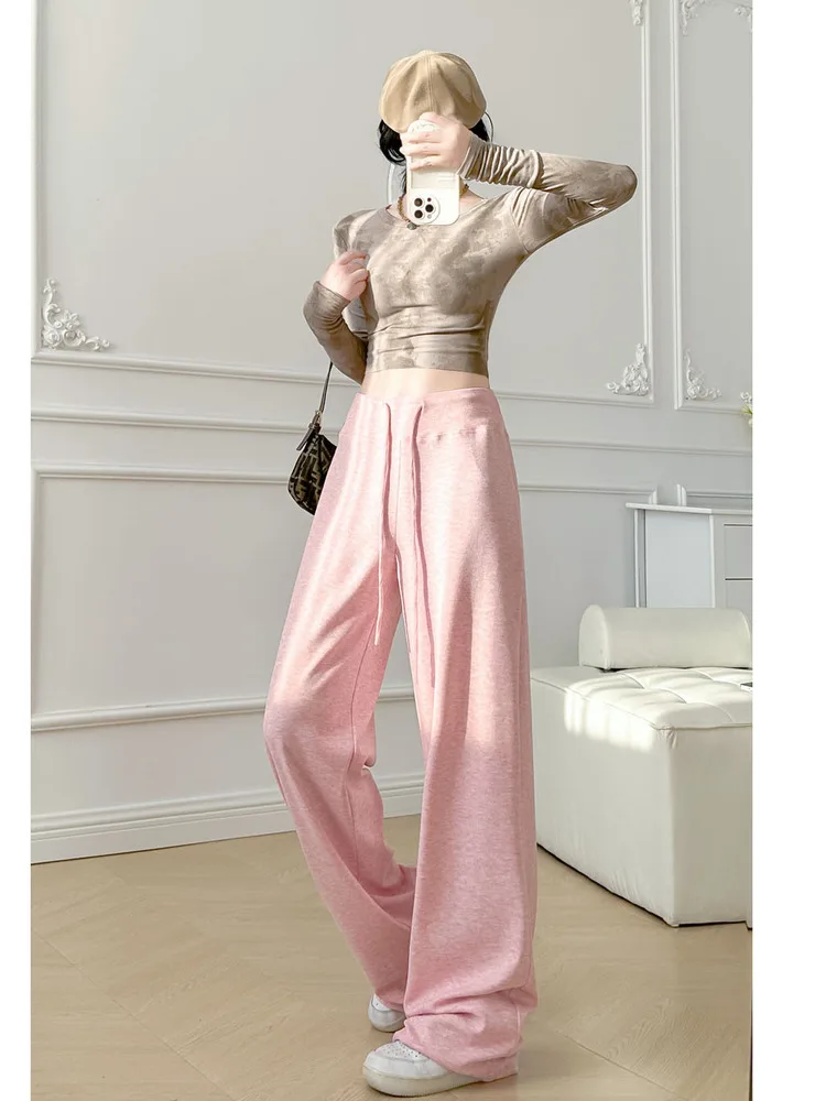 Pantaloni a gamba larga Dstring a vita alta Pantaloni fitn da yoga larghi casual da donna Pantaloni a gamba dritta lunghi fino al pavimento