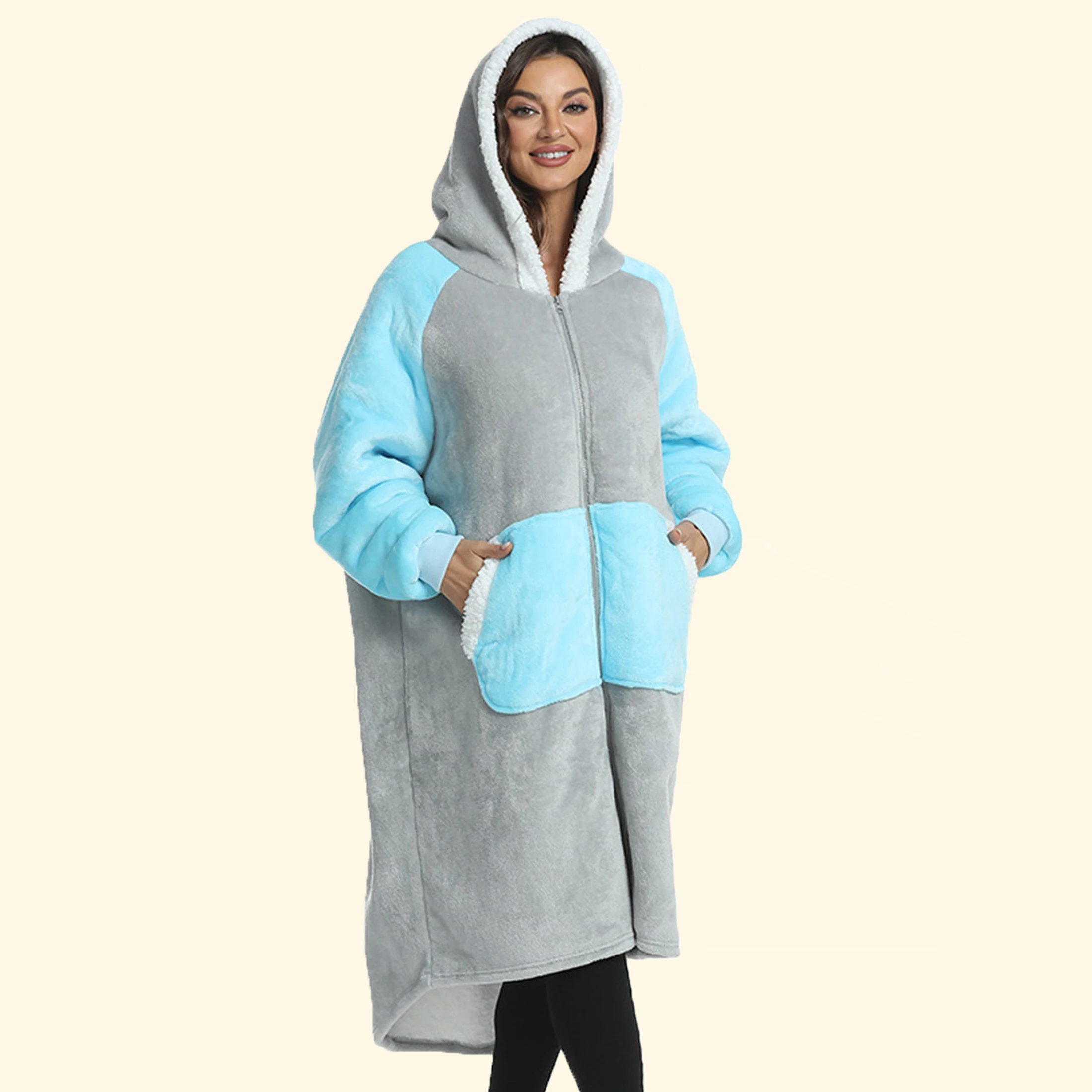 A Zipper Style Color Matching Successive Cap Coat Winter Europe And The United States Loose Warm Hoodie Lazy Blanket Winter Woma