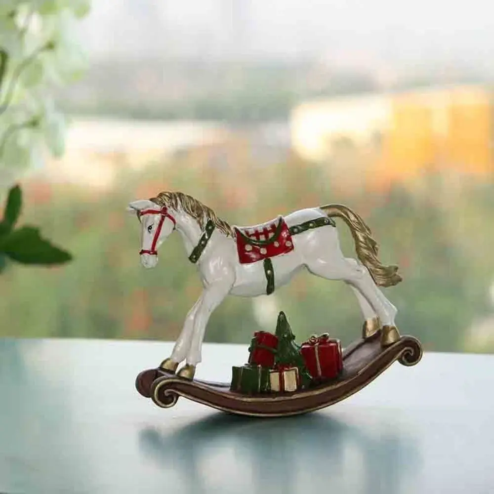 Fashion Handmade Christmas Rocking Horse Painting Cartoon Resin Horse Statue Cute Horse Figurine Christmas Gift