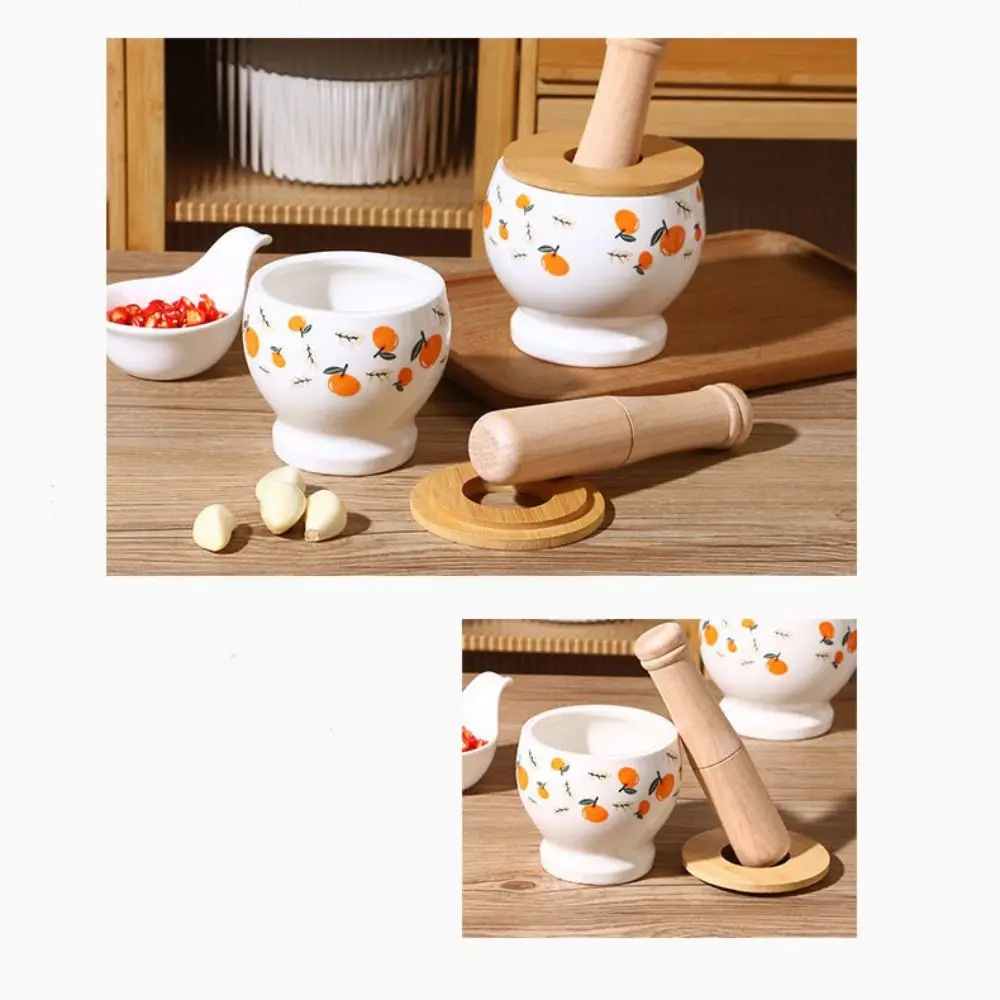 Garlic Pounder Ceramic Ceramic Mortar Labor Saving Flower Pattern Garlic Mortar Internal Thread with Lid Manual Mortar Kitchen