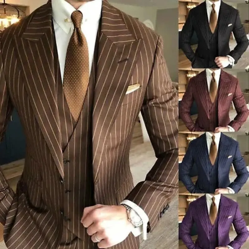 

Fashion Mens Pants Suits Pin Striped 3 Pieces Wide Peak Lapel Business Wedding Tuxedos