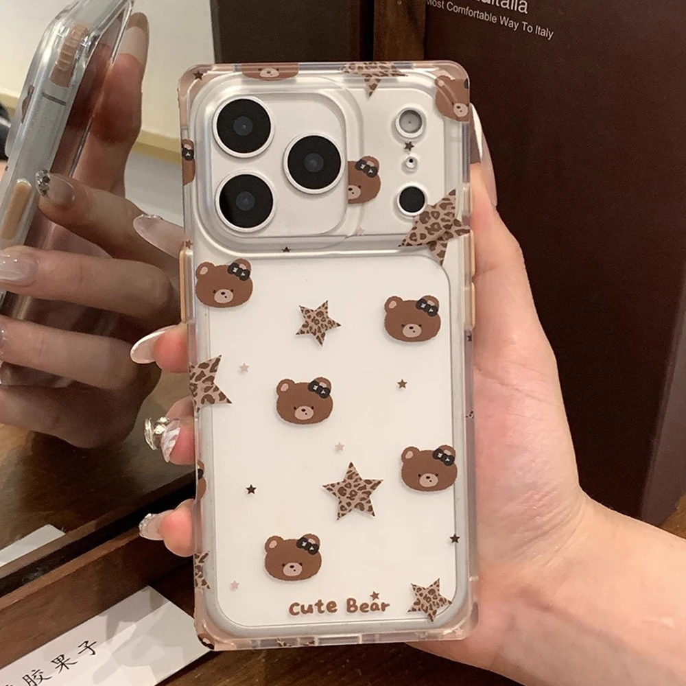 INS Korean Cute Bear Cartoon Animal Rectangle Shape Phone Case for iPhone 17ProMax 17pro 17 16Pro Max Shockproof Anti-fall Cover