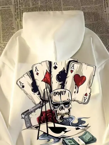 【M-8XL Hoodies】Autumn Men Pullover Hoodie Oversized Sweatshirt Fashion Loose Skeleton Poker Print Long Sleeve Couple Clothes