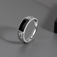 925 Sterling Silver Rings for Women Men Couple Minimalist Handmade Simple Black Stone Ring Party Jewelry Gift Prevent Allergy