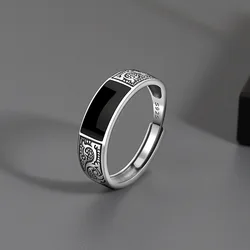 925 Sterling Silver Rings for Women Men Couple Minimalist Handmade Simple Black Stone Ring Party Jewelry Gift Prevent Allergy