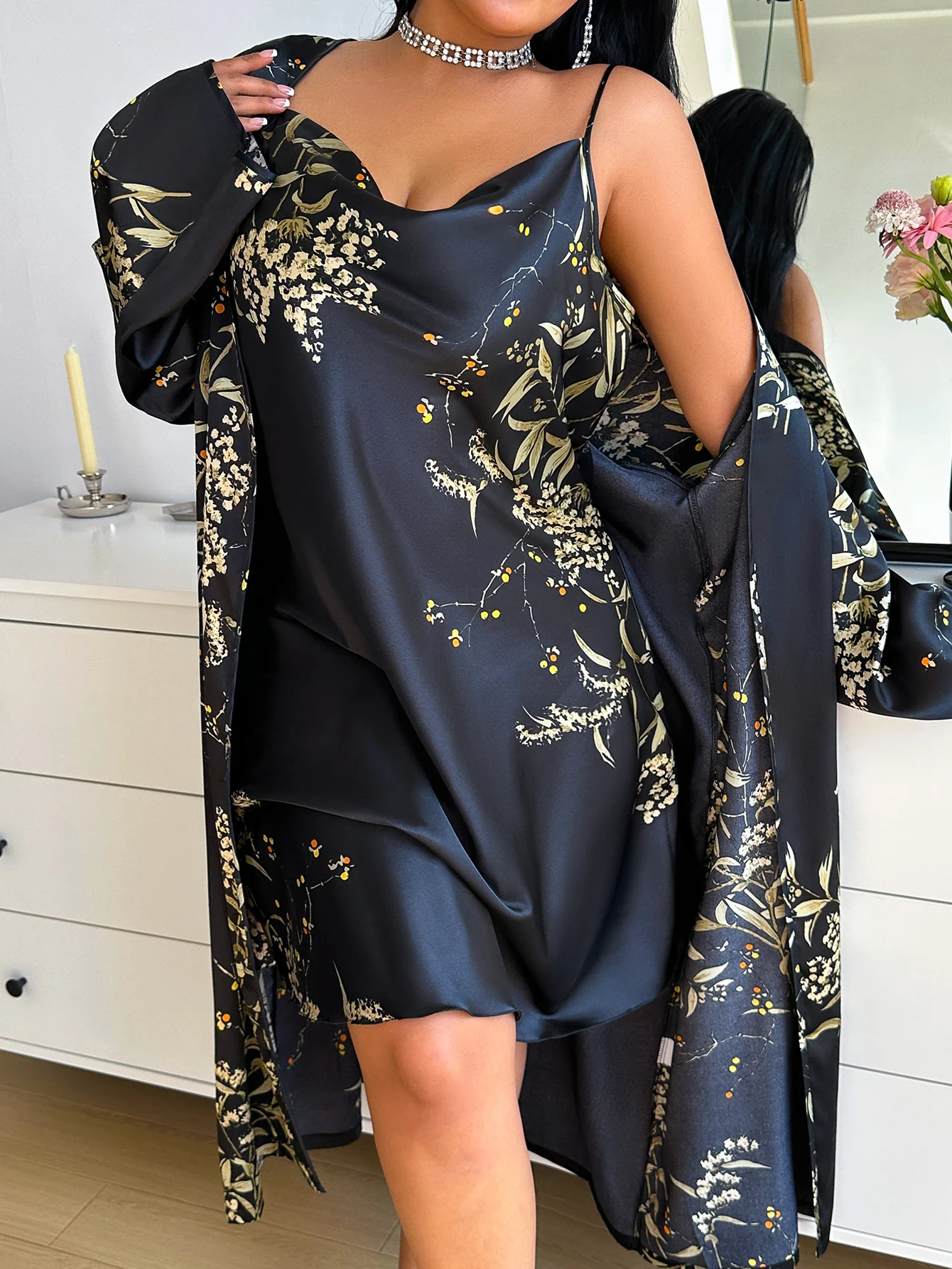 Plus Size Cherry Floral Print Women Pajama Set Sexy Slip Nightgown with Robe Two Piece Loungewear for Women image 4