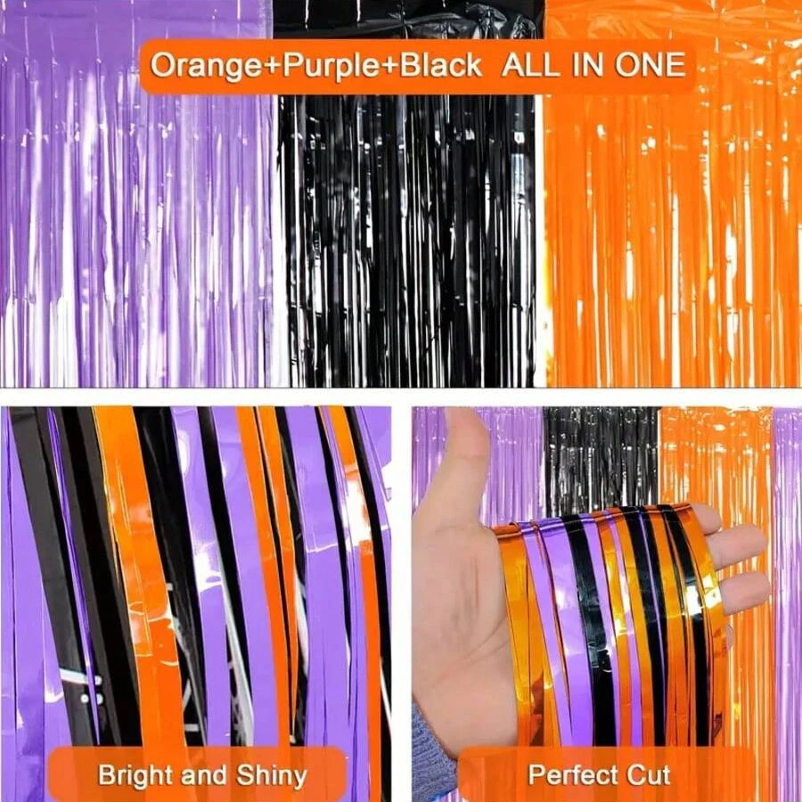 Orangefarbene, violette, schwarze Folienfransen-Vorhänge als Foto-Requisiten für Halloween-Partys, Trick-or-Treat-Partys, Tag der Toten-Partys usw. – Detail 7