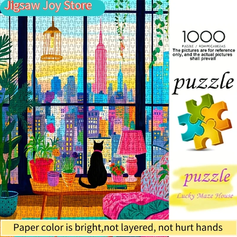 DIYペーパーパズル、ニューヨーク市の夜景、猫、鉢植え、高品質の白いカード素材、親子向け