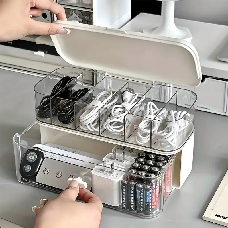 Double Layer Transparent Cable Organizer Box Storage Desk Gadgets Stationery Office Accessories Boxes Plastic Drawer School