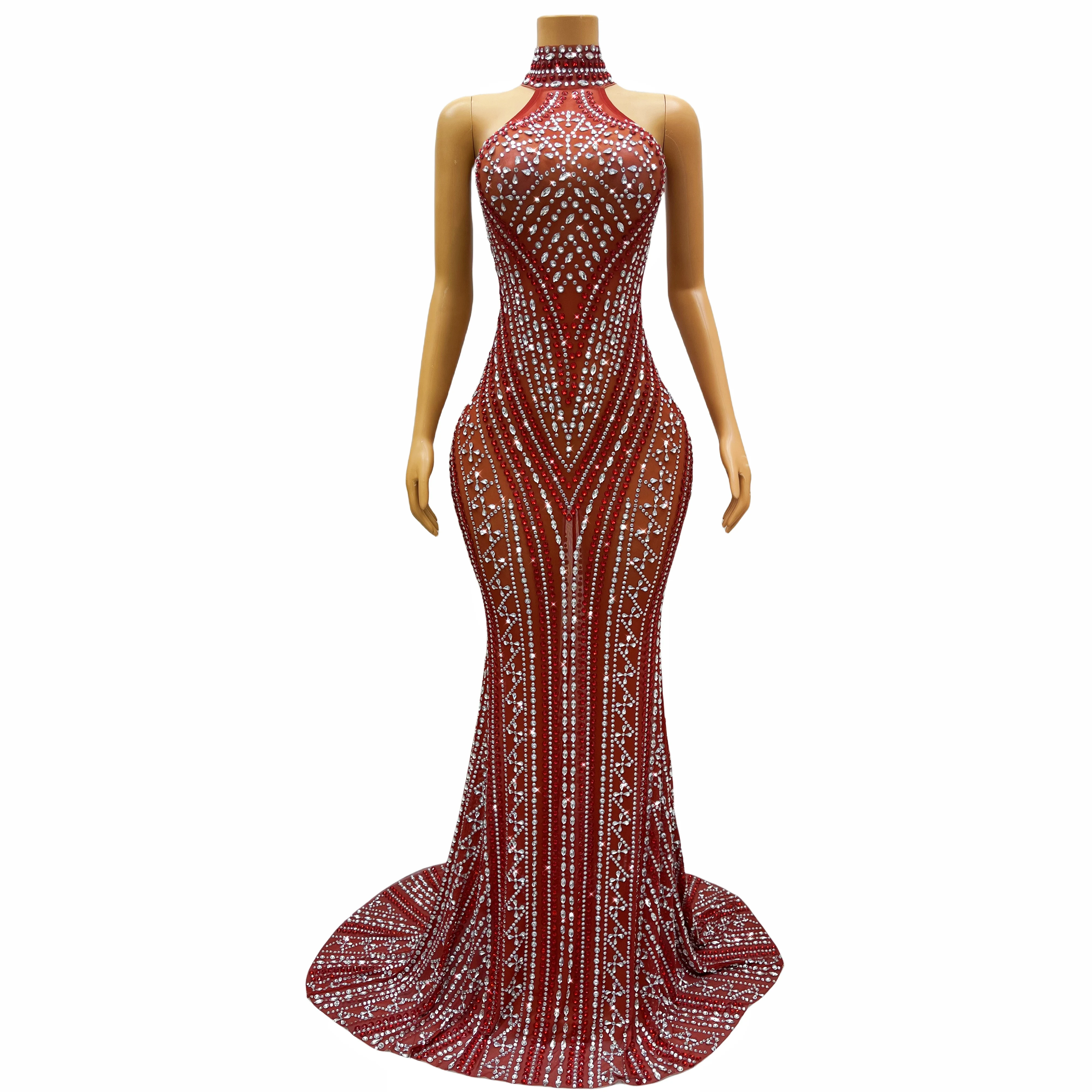 Luxury Silver Red Rhinestones Long Train Dress Sexy Sleeveless Grown Outfit Dance Stage Show Wedding Party Costume zhusha