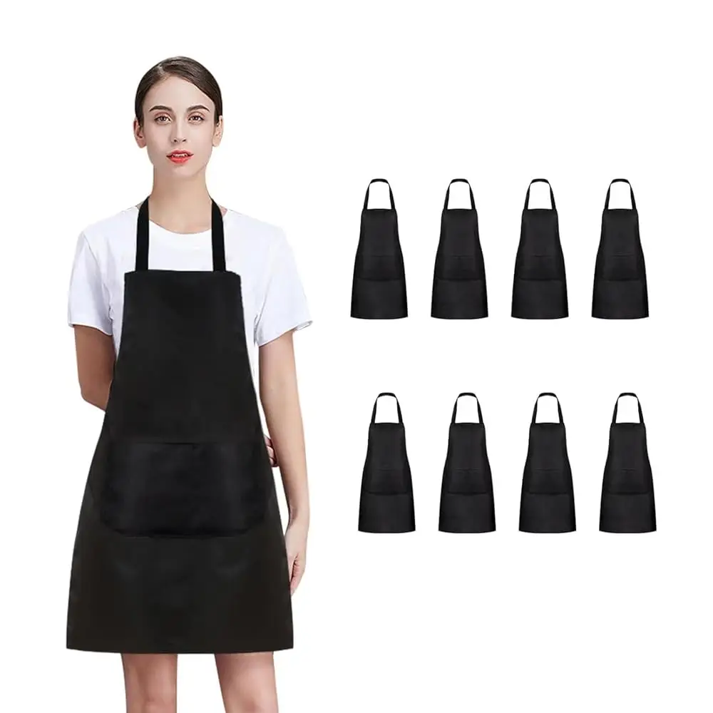 

8/12/24 Pack Plain Bib Aprons Bulk, Black Commercial Apron with 2 Pockets, Unisex Apron for Adults Painting BBQ