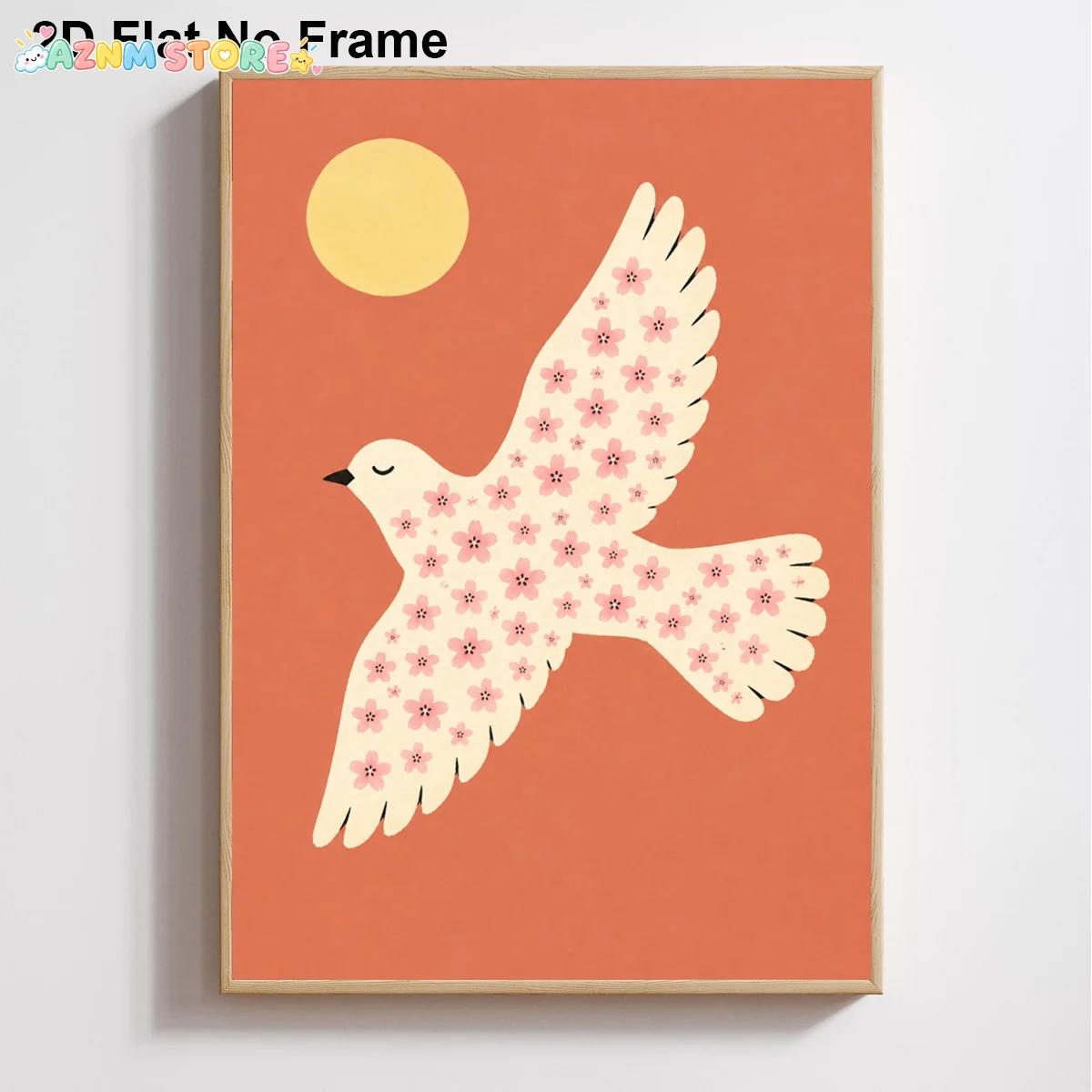 2027,2D Flat, Modern Minimalist Flying Dove & Pink Floral Frameless Canvas Poster - Pink Floral Yellow Sun Wall Art Painting,