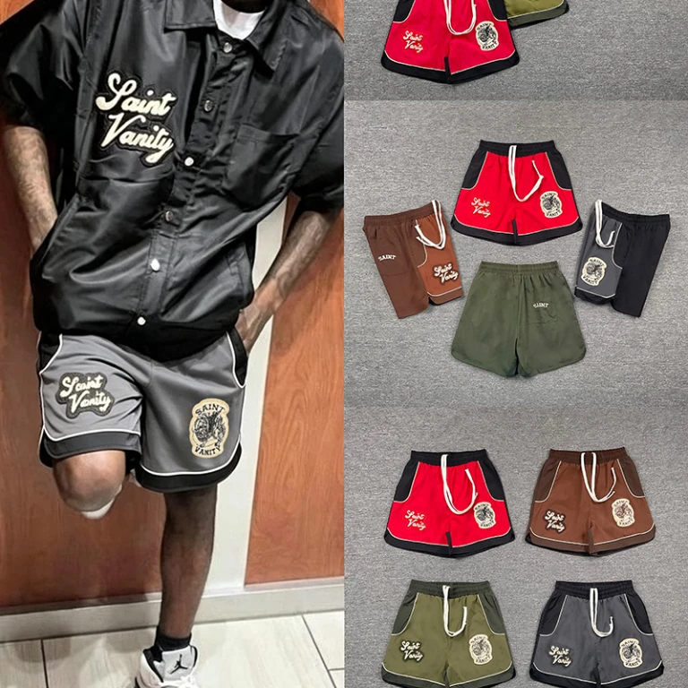 2026 New SAINT VANITY Unisex Street Shorts Vintage Chenille Graphic Patch Contrast Panel