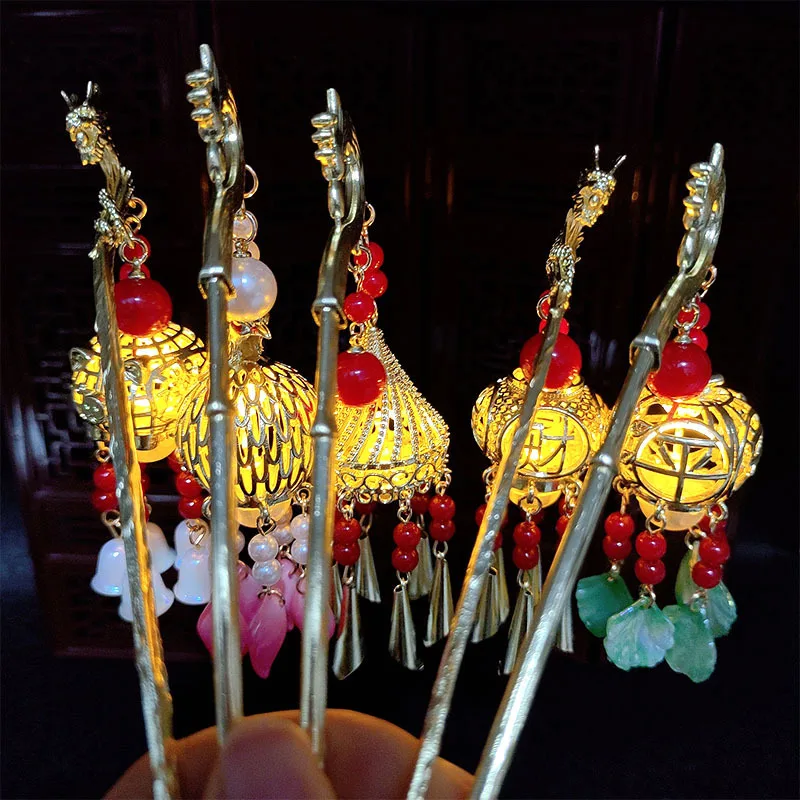 

Заколки для волос в древнем стиле, брелки для уличных фонарей, светящиеся заколки для волос в новом стиле с китайским фонариком, женские головные уборы