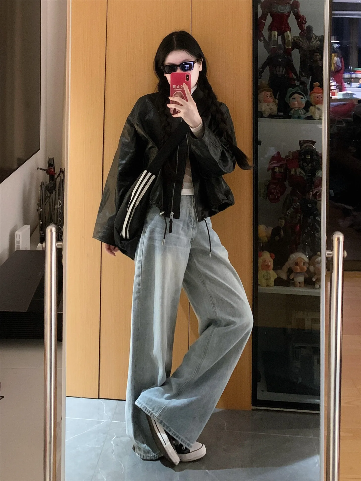 

Light Blue Wide Leg Loose Fit Women's Jeans Spring Season Drapey High Waist Casual Comfortable Cotton Straight Floor-Leng...