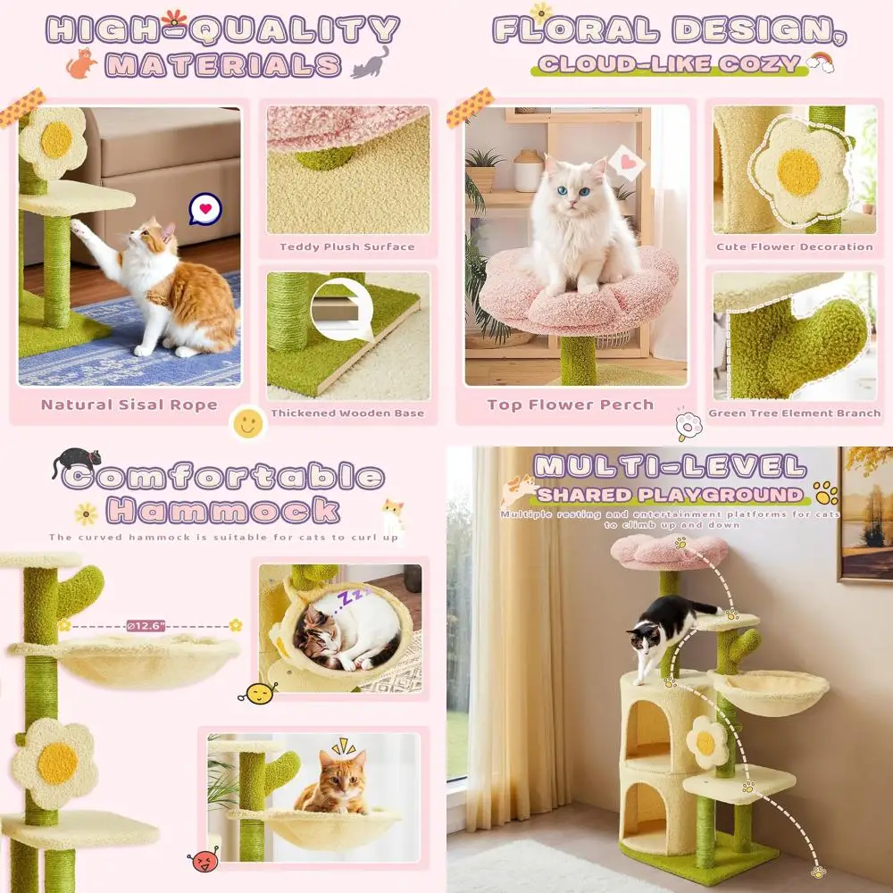 

Multi-Level 38.2 Indoor Cat Tree with Flower Top, Cozy Condos, Hammock, and Scratch Post