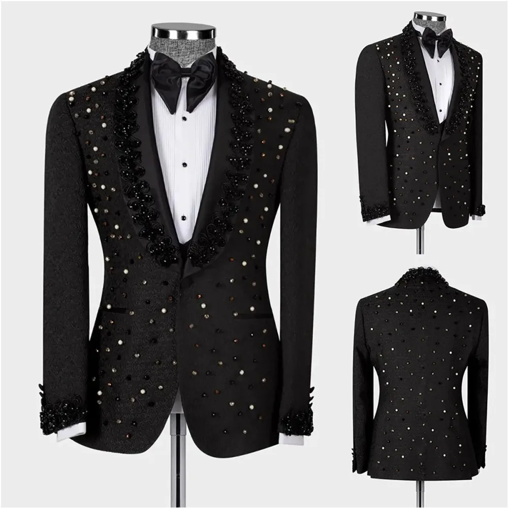 

Luxury Mens Suit With Jacket Appliques Beaded One Button Male Blazers Tuxedo Slim Fit Wedding Groom Prom Tailored Man Costumes