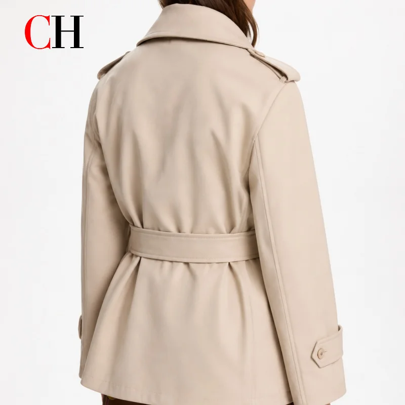 CH Women Slim Structured Short Trench Outerwear Wide Peak Collar Self Fabric Tie Belt Business Office Date Night Layer Jacket