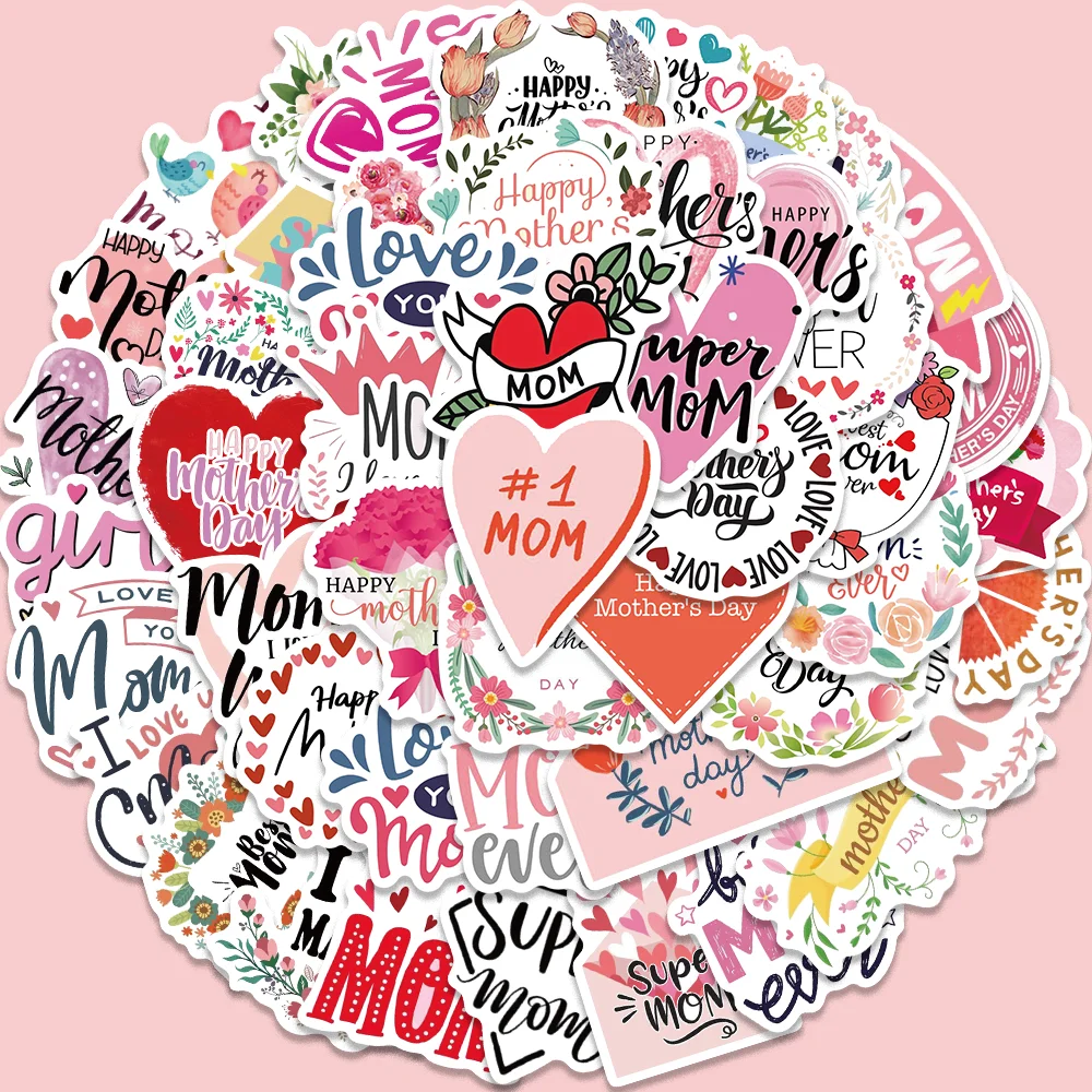 50pcs Cartoon Mother's Day Stickers Thank You Mom Decal for Envelope Diary Guitar Scrapbooking Waterproof DIY Souvenir Gift Toy