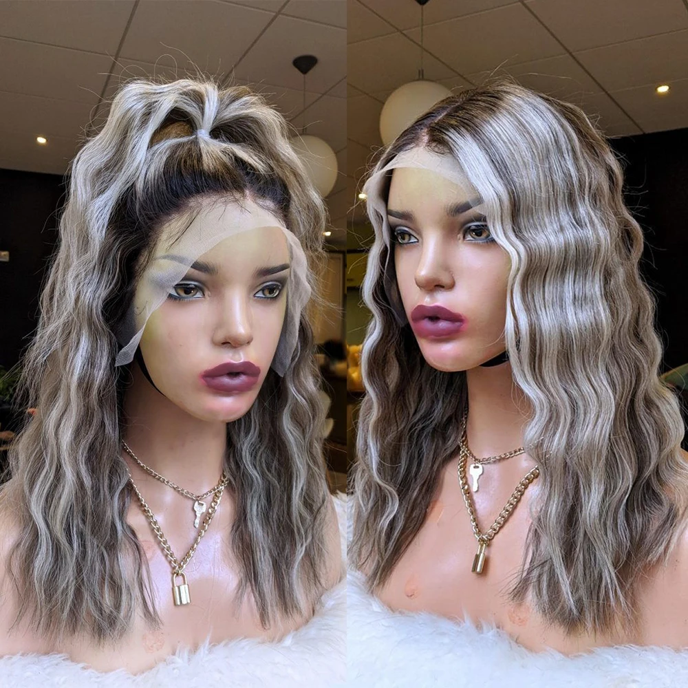 

Ash Blonde with Highlights Human Hair Wigs Dark Roots Loose Deep Wave Lace Front Wig Transparent Lace with Bleached Knots