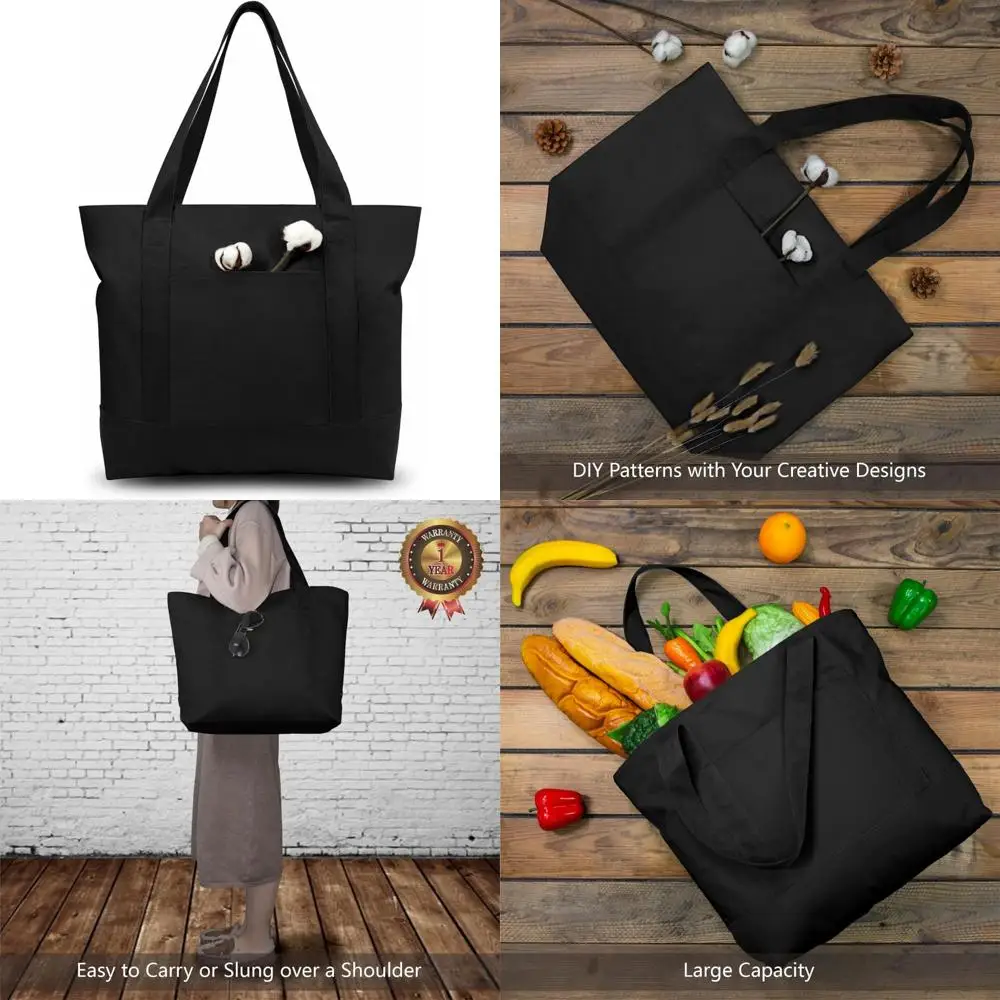 

Reusable Canvas Tote Bags, 6-Pack with External Pocket, Top Zipper Closure, Perfect for Grocery Shopping and Daily Essentials