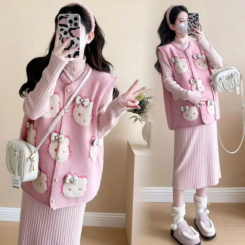 

Anime Hello Kitty Knitted Vest for Women Korean Version Loose Design Jacquard Camisole for Women Sweet Cartoon Waistcoat Gift