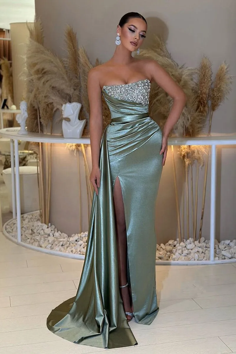 Beaded Prom Dresses Strapless High Slit Removable Skirt Mermaid Green Formal Party Women Pleats Elastic Satin Long Evening Gowns