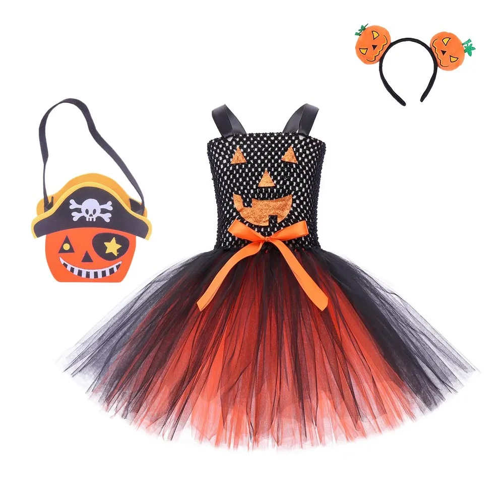Girls Wicked Witch Pumpkin Fluffy Mesh Tutu Dress With Funny Accessories Outfit Halloween Masquerade Party Stage Festival Skirt
