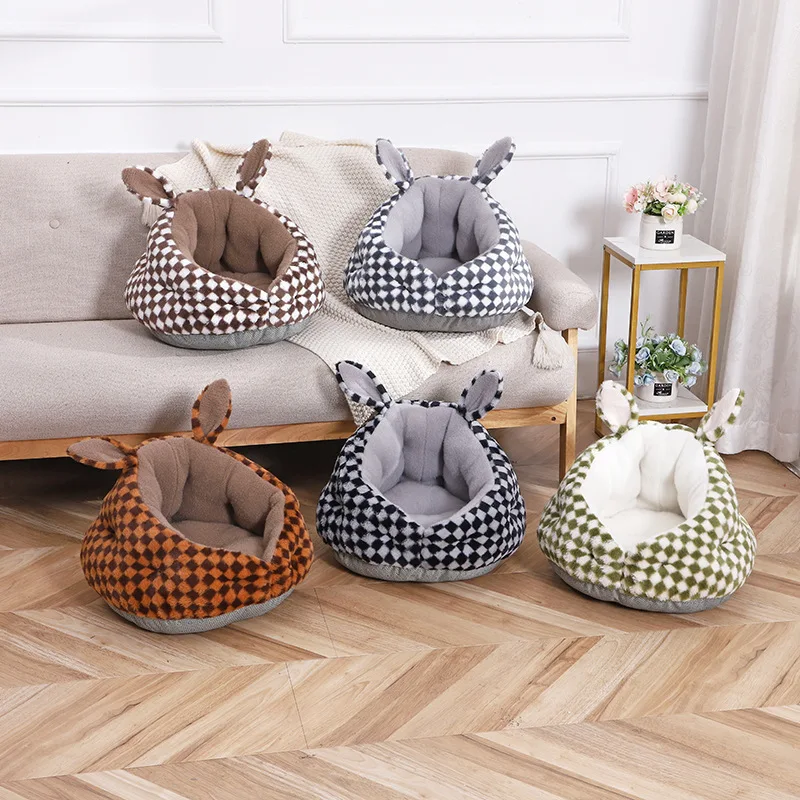 Cute Rabbit Ear Cat Nest Winter Warm Small Dog Sleeping Bed Furry Puppy Kennel Cozy and Soft Semi Closed Indoor Kitten House