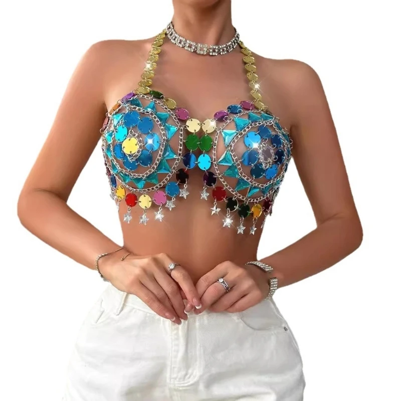 

Colorful Sequins Halterneck Crop Top Bra Sexy Backless Star Tassels Body Chain