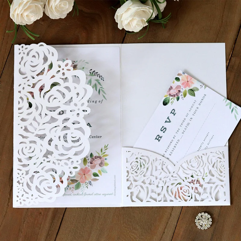 100pcs Laser Cut Rose Flowers Wedding Invitations Card With RSVP Cards Customize Envelope Birthday Mariage Baptism Party Supply