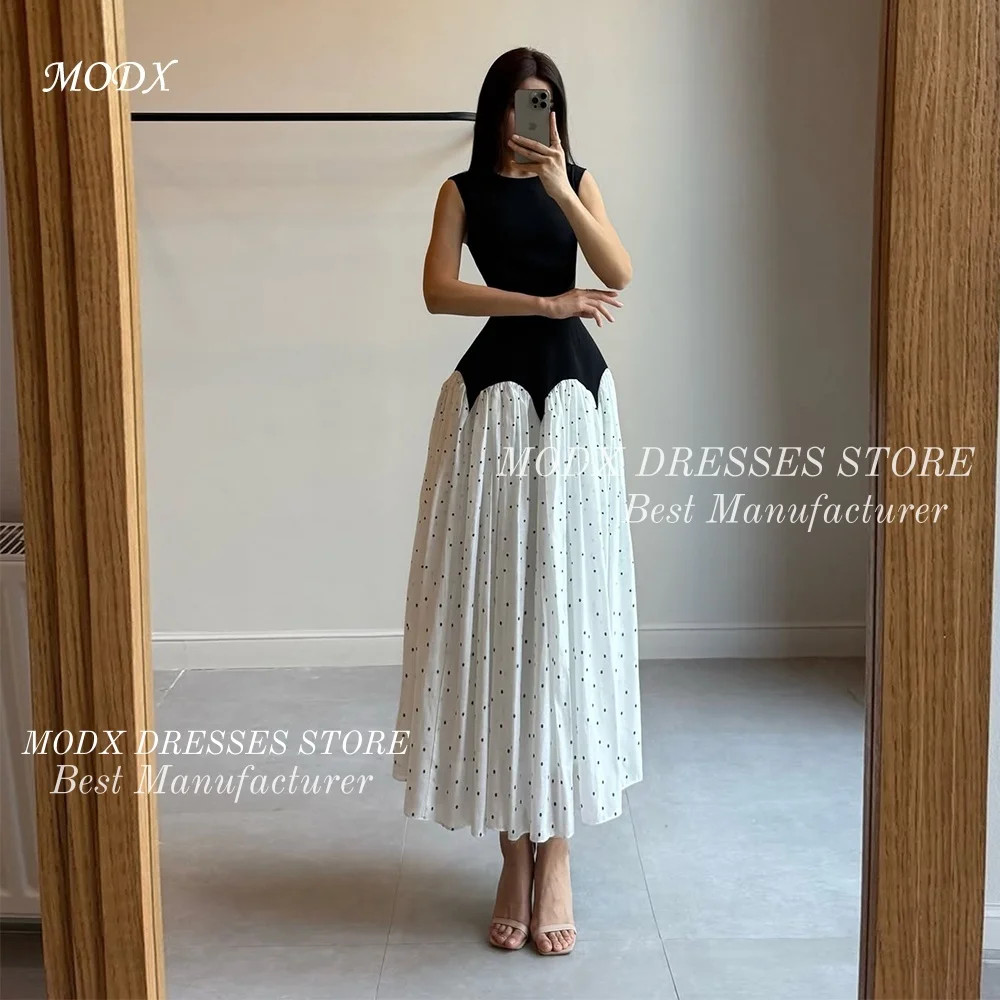 

MODX Elegant Sleeveless Polka Dot Pleated Midi Evening Dress Black and White Patchwork Formal Dress for Women 2026 Ankle Length