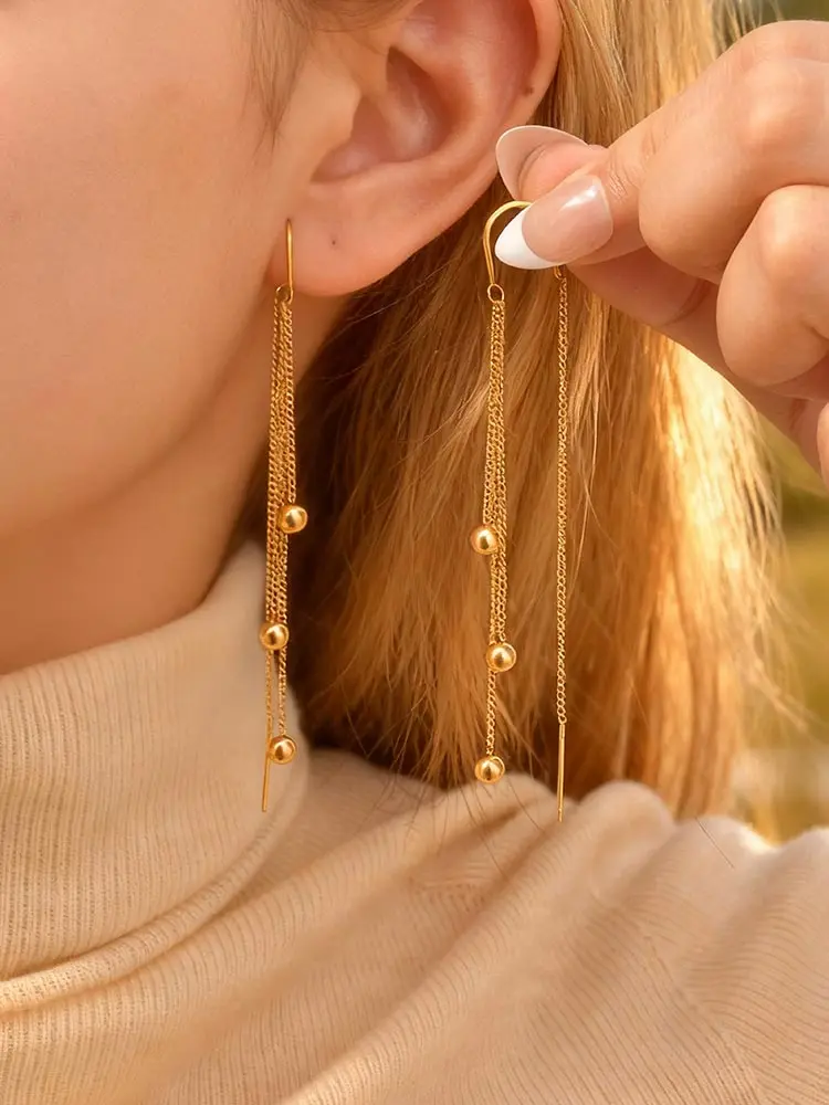 Charms Stainless Steel Ball Long Drop Dangle Earrings for Women, Gold Color Threader Chain Earring Findings Jewelry Accessories