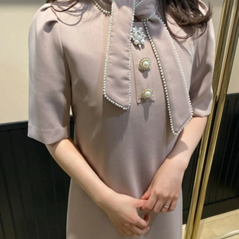 

Bowknot Lace Up Neck Chic Small Pearl Diamonds Button Short Sleeved Dresses Spring Summer New Vestidos Vintage Robes