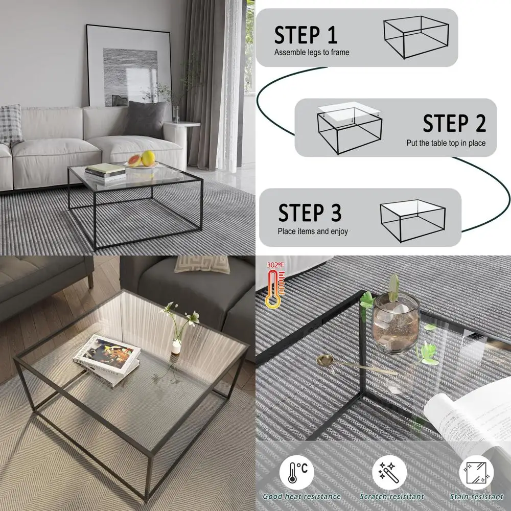 

Modern Tempered Glass Coffee Table, Minimalist Design for Living Room, Sturdy Metal Frame, Easy Assembly, 26.4 x 26.4 x 15.7, Bl