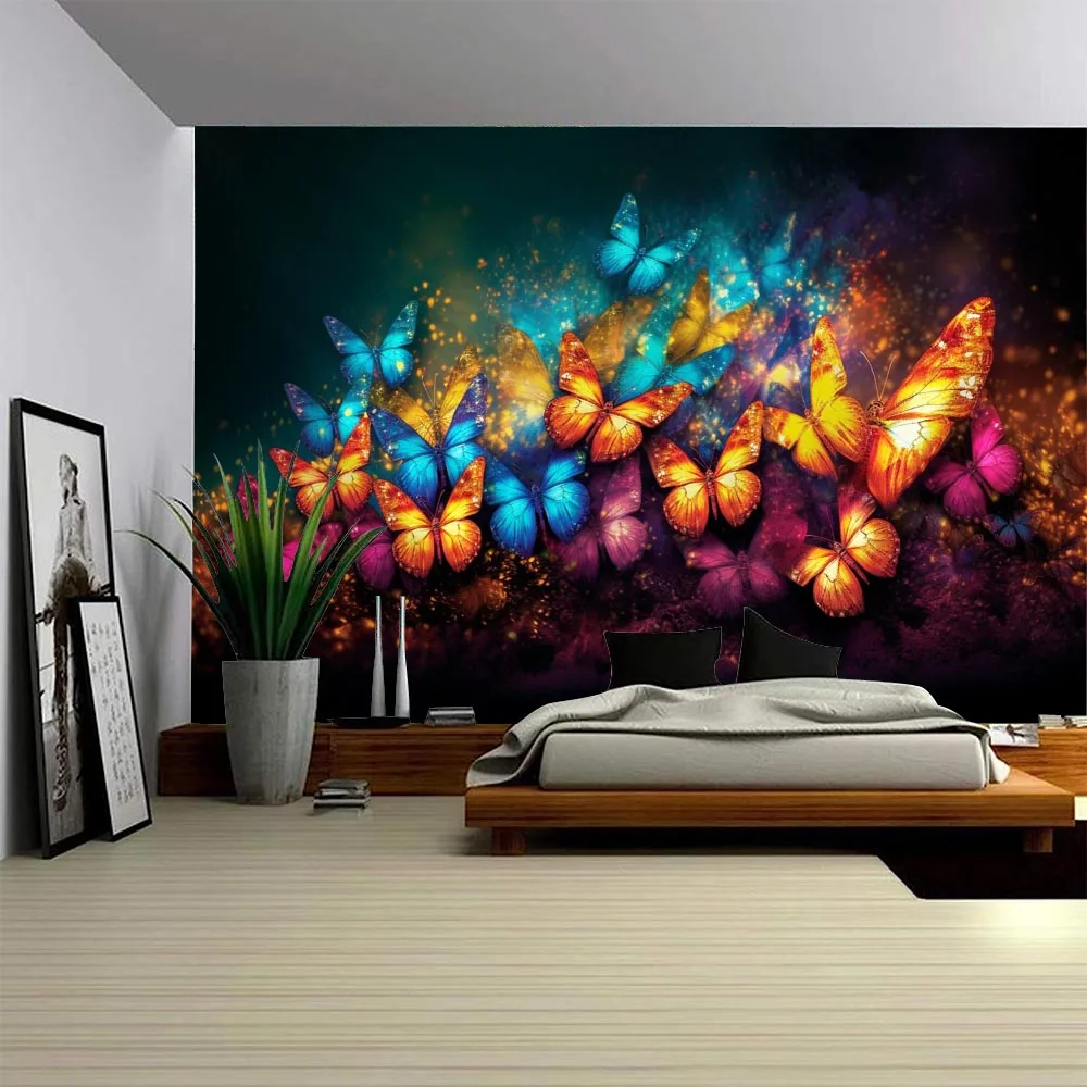 Colorful Butterfly Dancing Wall Tapestry Enchanting Starry Sky Bedroom Living Room Decor Wall Hanging Art Background