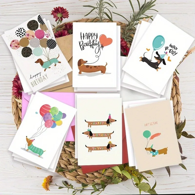 

12pcs Birthday Cards Designed with A Happy Party Theme Featuring Dachshund Puppies Celebrating Birthdays Festival Greeting Cards