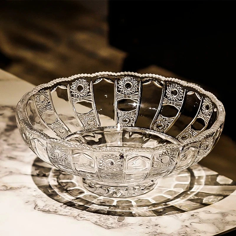 Luxury Crystal Glass Fruit Bowl Pedestal Enamel Gold Trim Elegant Fine Detail Living Room Coffee Table Centerpiece Home Decor