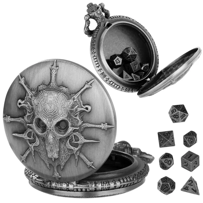 Small Metal Polyhedral Set with Pocket Watch Case Necklace Case Vintage Small Tabletop Gaming Accessories