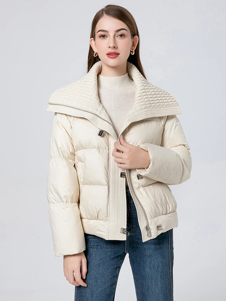 

Утепленная белая пуховая куртка с большим воротником, теплая зимняя верхняя одежда, модная, для повседневной носки, прямого кроя, из полиэстера.
