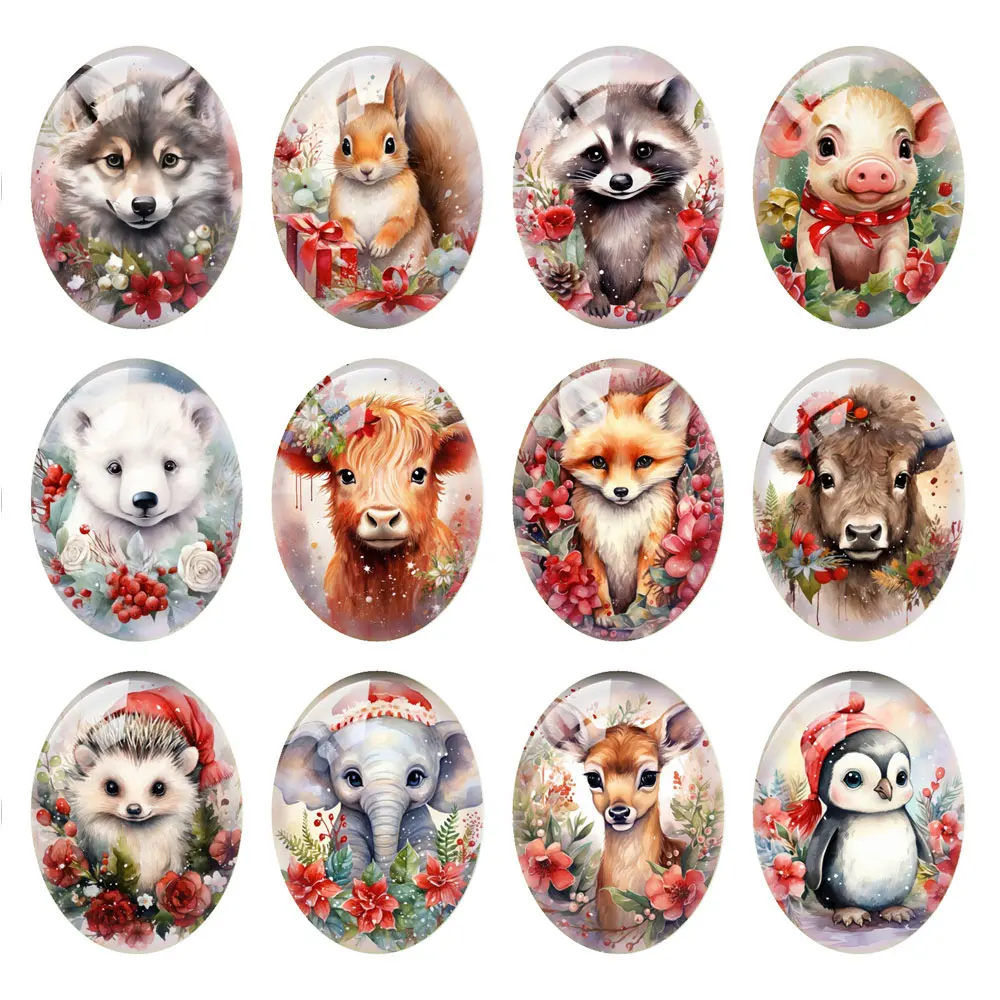 10pcs/lots Cute Flower Animals Christmas Oval Photo Glass Cabochon Charm Demo Flat Back Cameo For Diy Jewelry Making Accessories