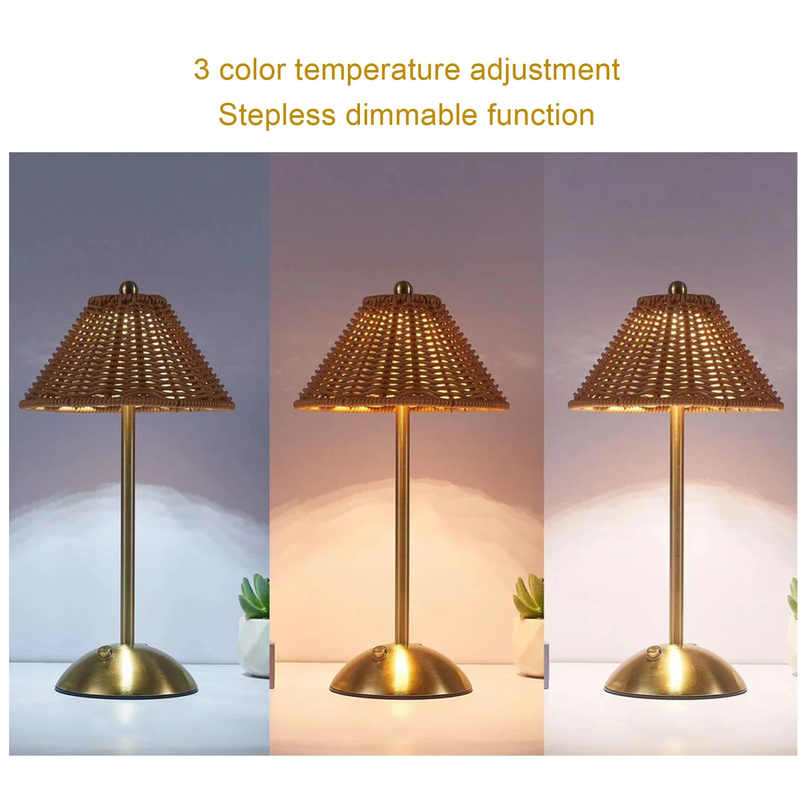 Cordless Boho Rattan Table Lamp PC Rattan Weaving Eye Care Compact LED Rechargeable Reading Light Energy Saving for Restaurant