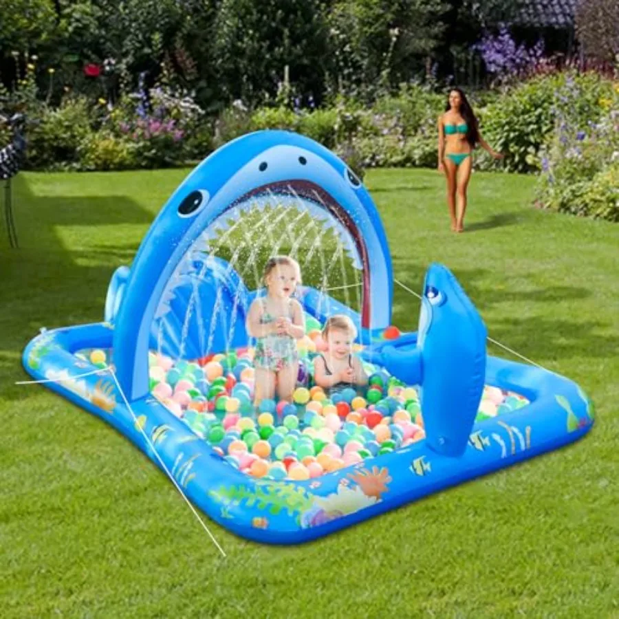 Backyard inflatable kiddie pool with water slide and sprayers thickened PVC blue for toddlers and play ball hoop view 3