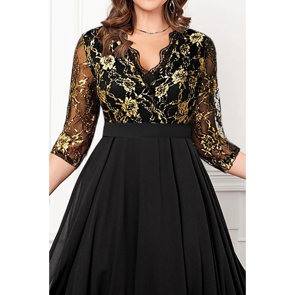 Plus Size Formal Black Lace Stitching Bronzing Print V Neck Tunic Tea-Length Dress