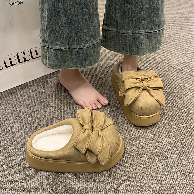 Pantofole alla moda da donna con suola spessa, a forma di fiocco, in pile, calde, alla moda, versatili, comode, antiscivolo e traspiranti