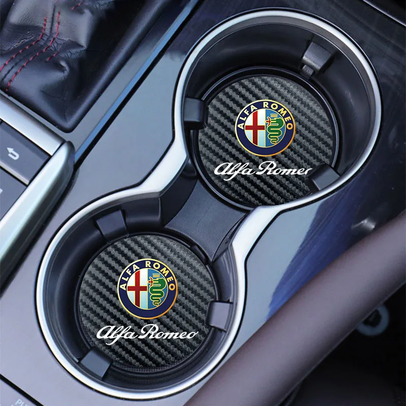 2Pcs Car Carbon Leather Water Cup Pad Anti-noise Coaster Mat For Alfa Romeo Giulia Stelvio 156 Tonale Brera Giulietta Disco Vola