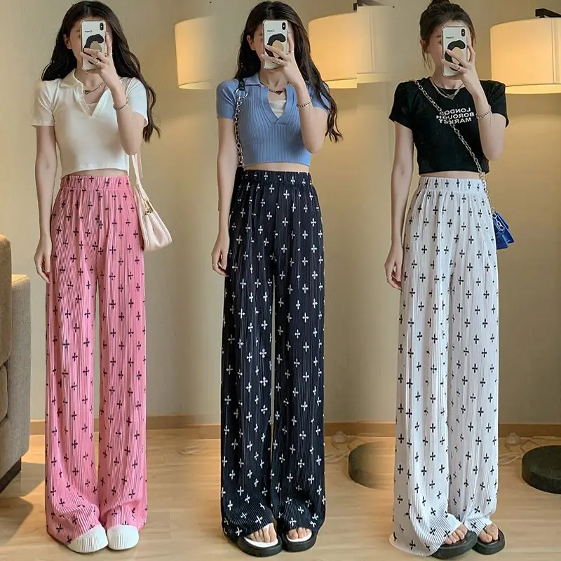 

Print Pleated Wide-legged Pants High Waisted Women's Trouser Spring Summer Harajuku Y2k Pants Casual Loose Korean Fashion