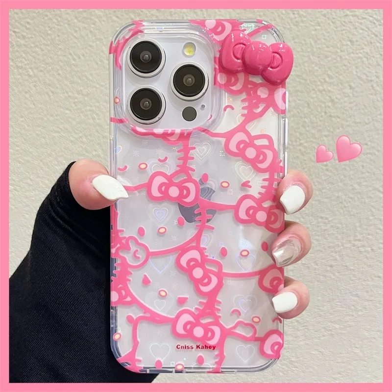 Sanrio Hello Kitty Bow Full Screen Phone Case For iPhone 16 15 14 13 12 11 Pro Max XR XS MAX 7 8 Plus Y2K Pink Girl Laser Cover